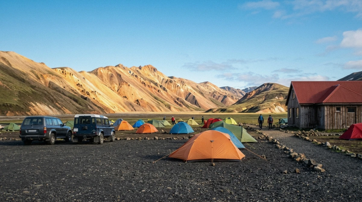 The Landmannalaugar campsite and mountain hut on the gravel plain in bright sunshine, where the parking and camping fees are paid, Iceland