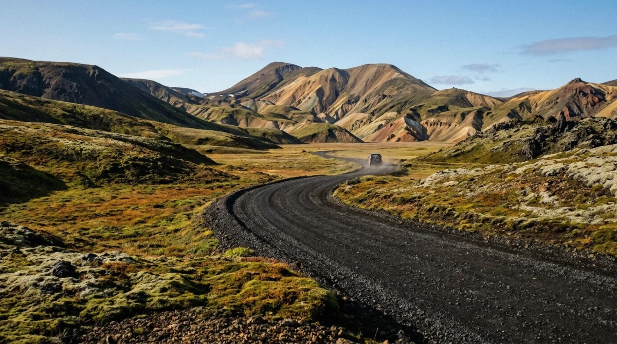 The black gravel highland road curving toward the rhyolite mountains in bright sunshine on the way to Landmannalaugar, Iceland