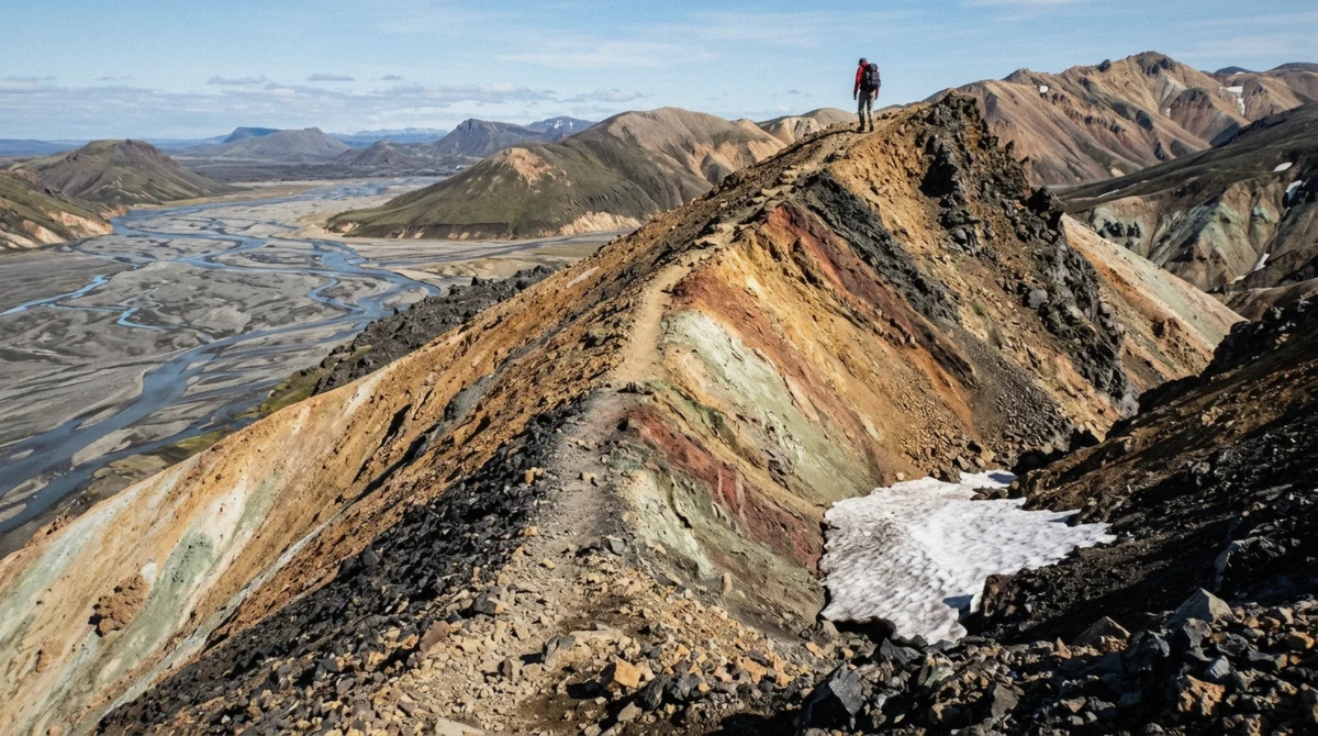 A hiker on a banded rhyolite ridge above the valley on a guided Landmannalaugar tour in the Fjallabak Nature Reserve, Iceland